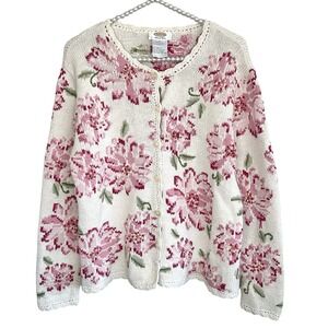 VTG Talbots Hand Knit Linen Floral Cardigan Small Coquette Cottage Chunky 90s